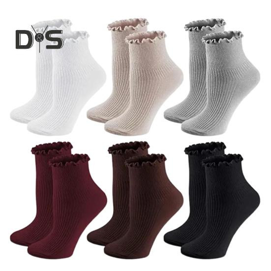 6 Pairs Women Socks Ruffle Edge Solid Color Anti-slip High Elasticity Ankle Length Low-cut Daily Sport Socks Great Gift for Mom Wife Daughter
