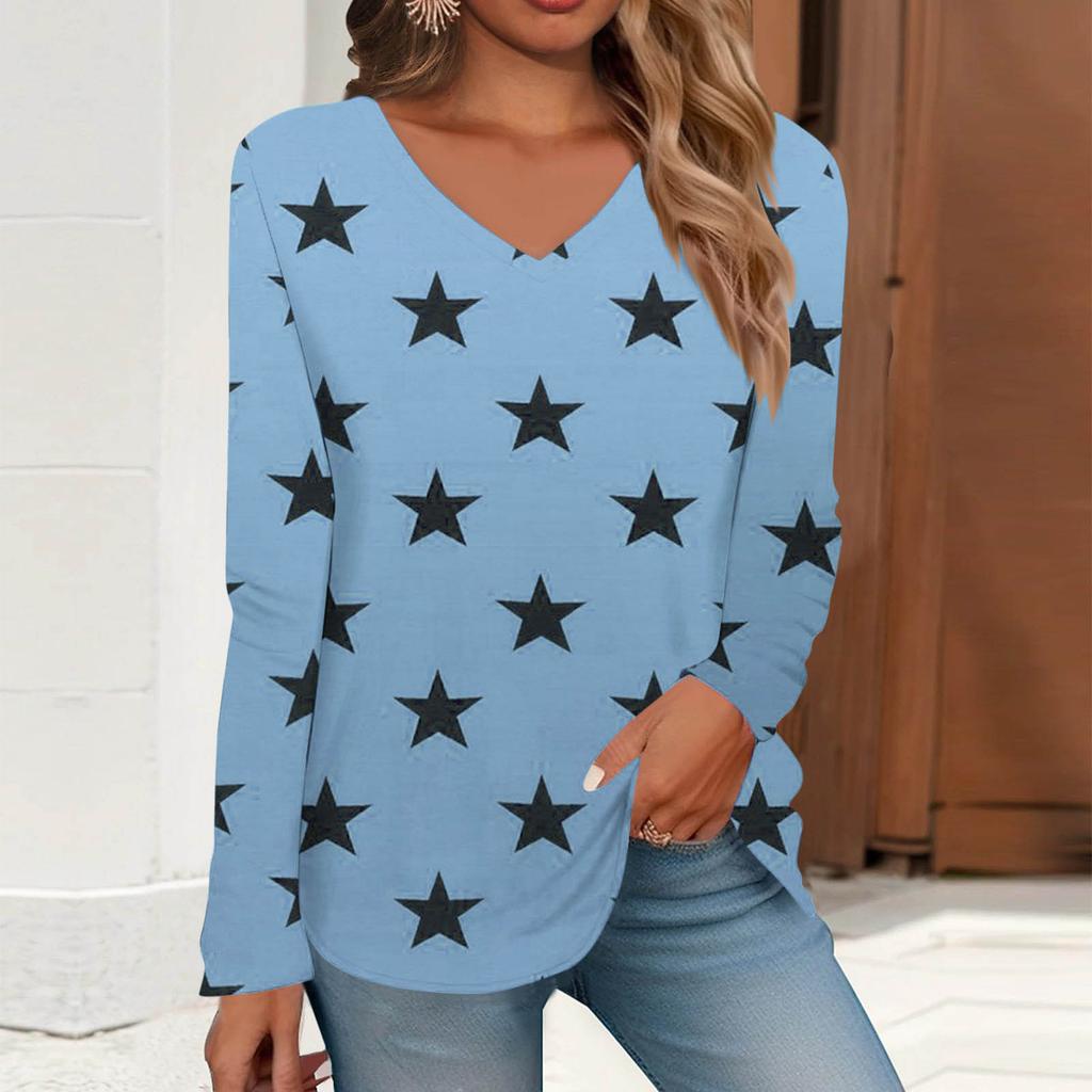 V-neck 3D Printed Star Pattern Top Fashionable Casual Long Sleeved Women's T-shirts