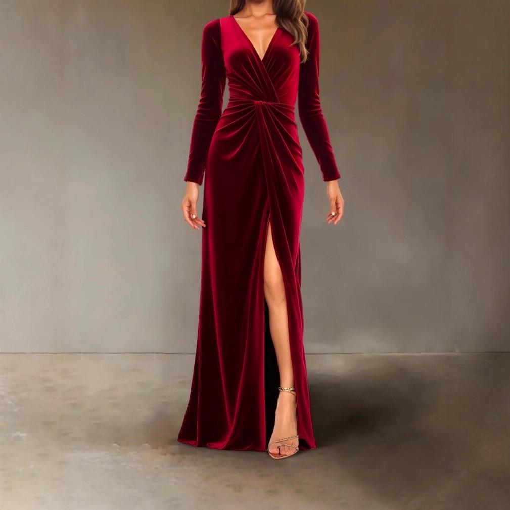 2026 Women's Velvet V-Neck Pleated Bodycon Dress - Elegant Autumn/Winter Slim Fit with Slit