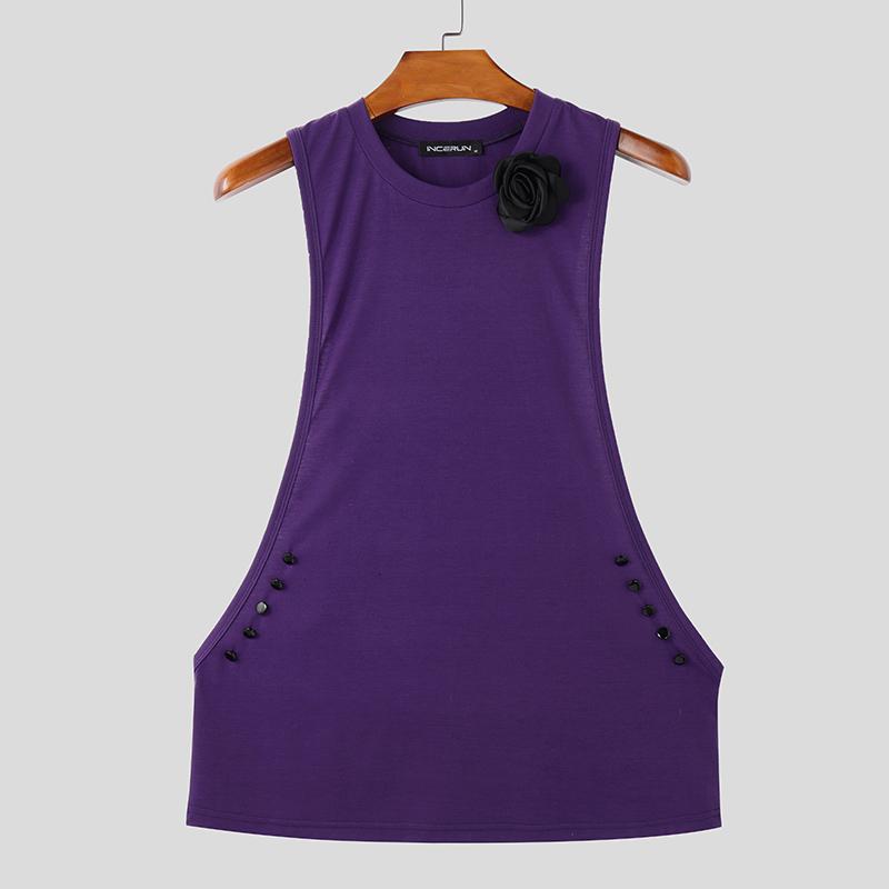 

INCERUN Летние мужские майки без рукавов с круглым вырезом и глубоким вырезом с цветочным принтом, повседневные футболки L фиолетовый