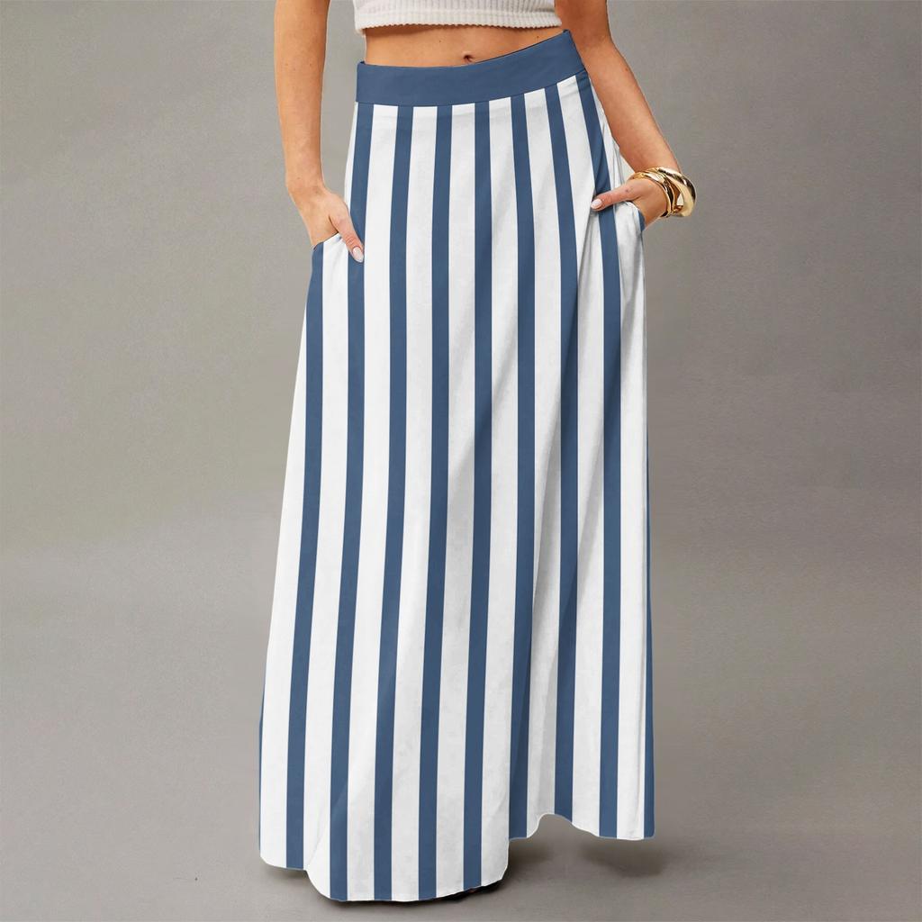 Damen Lässig Freizeit Faltbar Gestreift Kariert Druck Hohe Taille Mit Tasche Drapierter Entspannter Langer Maxi Rock