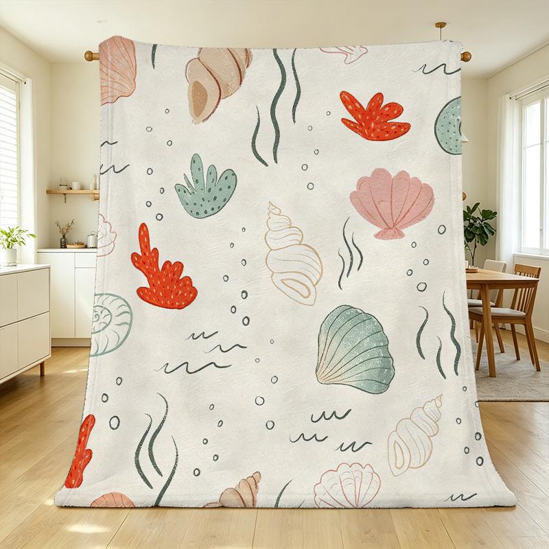 Ocean Themed Flannel Blanket - Soft Lightweight Non-Bulky Throw, Skin-Friendly Cozy Blanket for Home, Window Sill & Holiday Decor