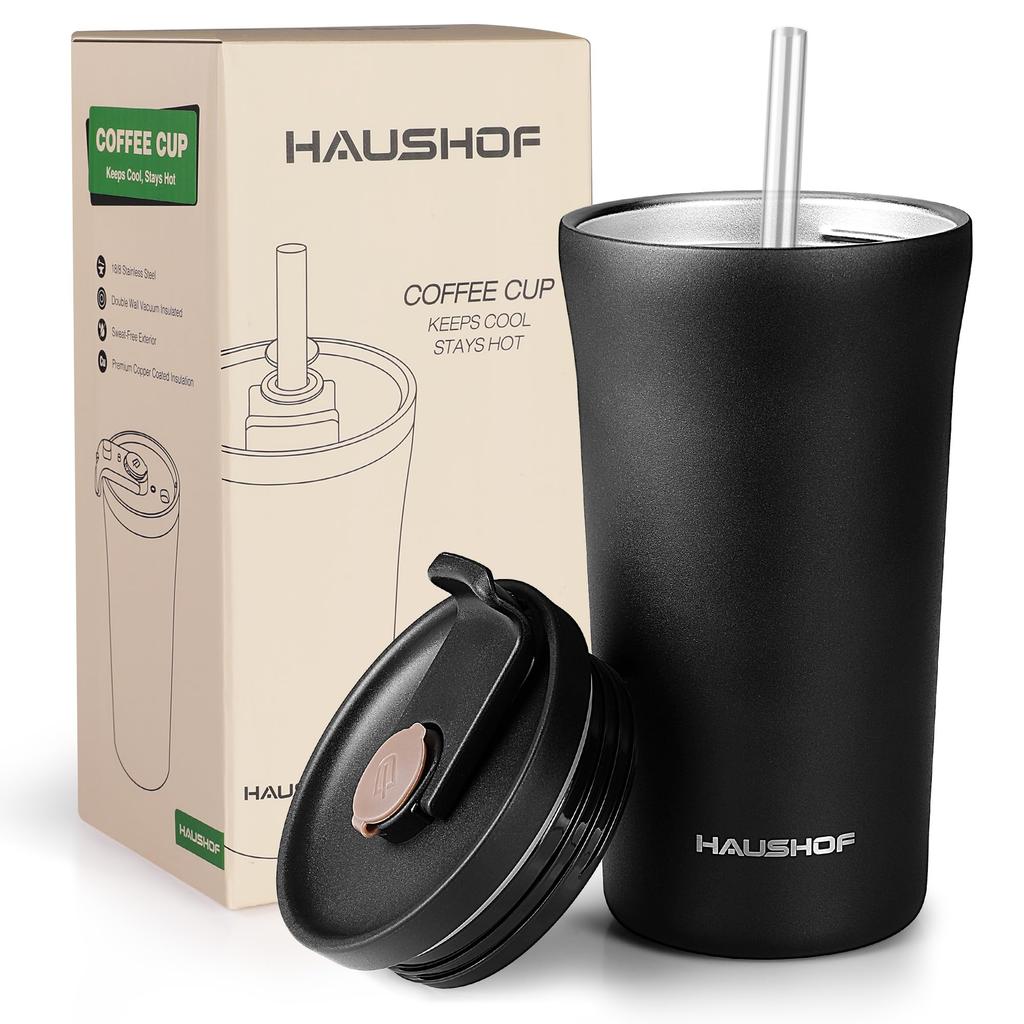 HAUSHOF Vacuum Insulated Tumbler with Straw and Direct Drinking Insulated Water Stainless Steel Convenience Store Car Outdoor Gift for Birthday