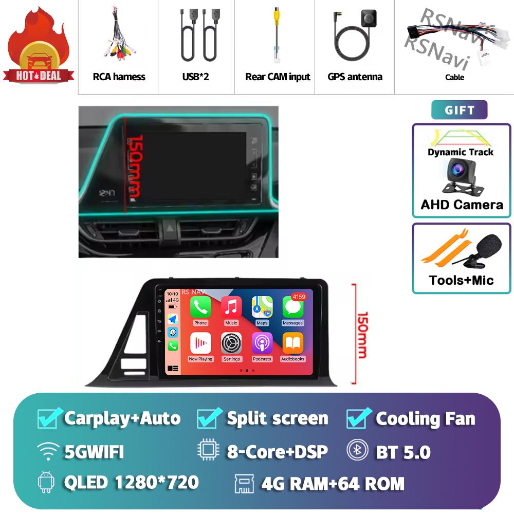 Android 14 Carplay Auto For Toyota C-HR 2016 - 2020 Car Radio Player Multimedia Stereo 360 Camera Navigation Video AI Voice GPS