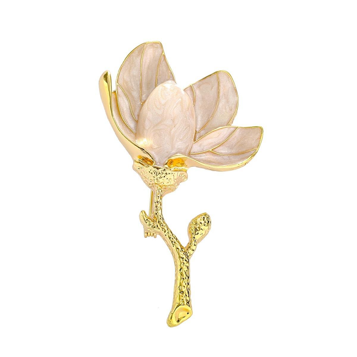 Vintage Enamel White Magnolia Flower Brooch - Elegant Retro Coat Pin Accessory