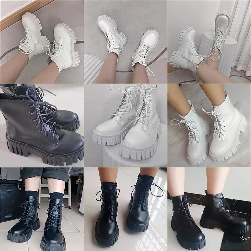 New Women White Ankle Boots PU Leather Thick Sole Lace Up Combat Booties Female Autumn Winter Platform Shoes Woman