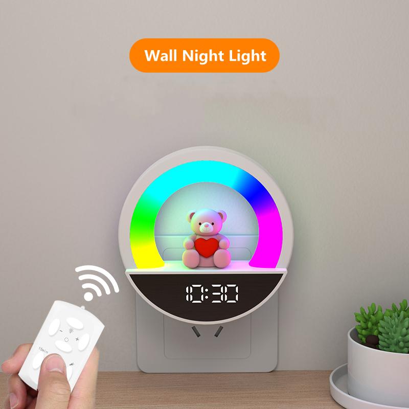 Night Lights with Colck Remote Control Bluetooth EU Plug Into Wall LED RGB Cool Lighting Soft Light Cute Christmas Gift for Kids