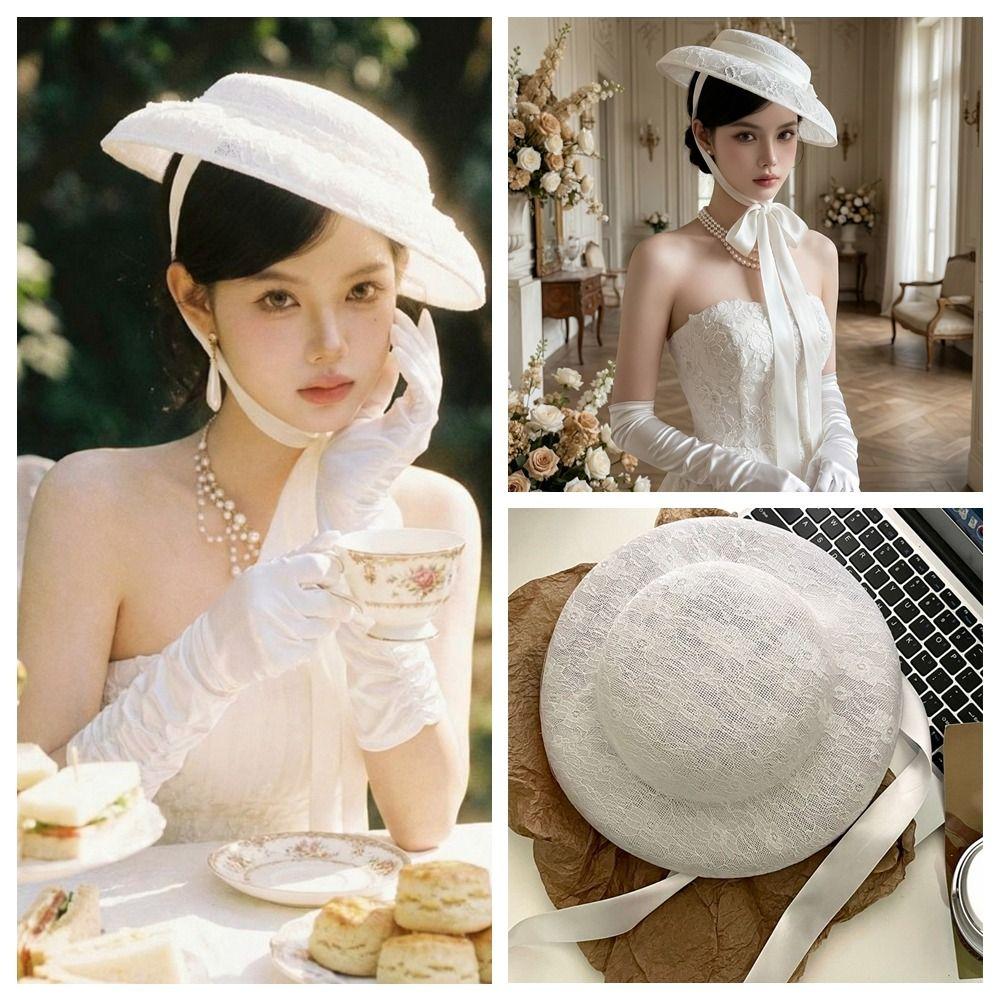 Fashion White Lace Tied Topper Hat Sunscreen Thin Lace Bonnet Hat Flat-top French Style Hepburn Style Formal Hat Streetwear