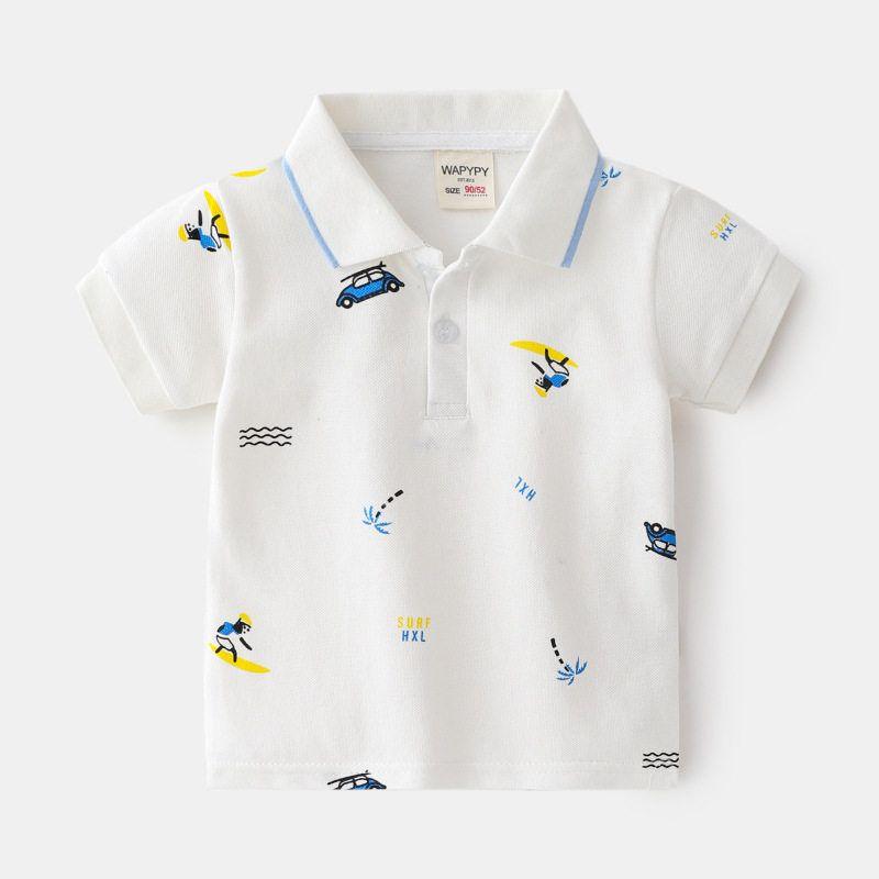Children's Clothing Summer Boys' Polo Shirt Short-Sleeved T-shirt Baby Boys' Dinosaur Print Tops Kids Lapel Seaside Clothes