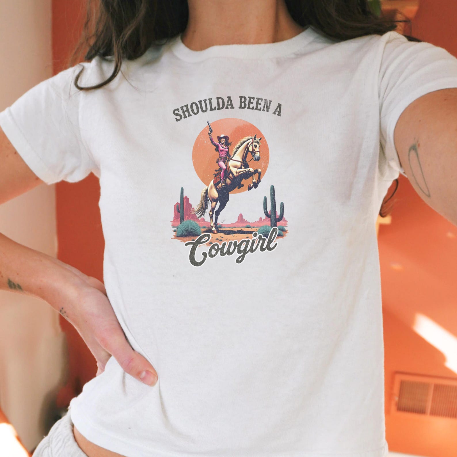 Y2K Cowgirl Baby Tee: Retro Western Graphic Crop Top S