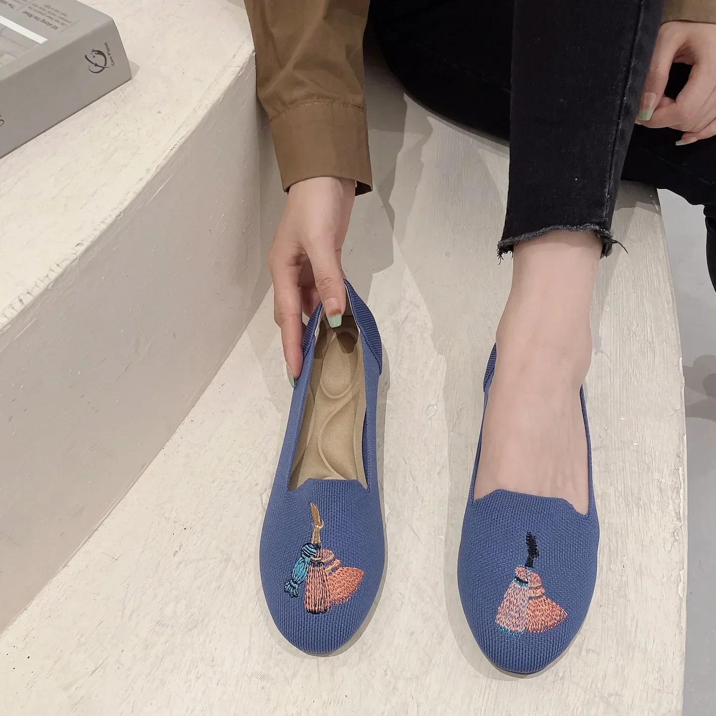 

модные женские туфли на плоской подошве вязаные модные туфли с круглым носком женские туфли без застежек на плоской подошве повседневные туфли балетки женские легкие удобные туфли Zapatillas 34 синий
