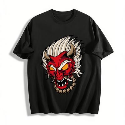 Vintage Japanese Red Oni Head Print Streetwear Casual Loose Tee Pure Cotton T-shirt