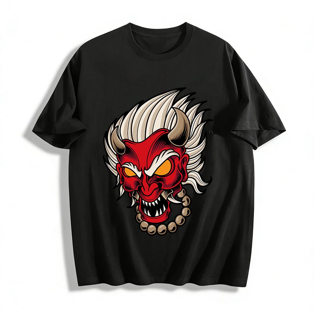 

Vintage Japanese Red Oni Head Print Streetwear Casual Loose Tee Pure cotton T-shirt XXS
