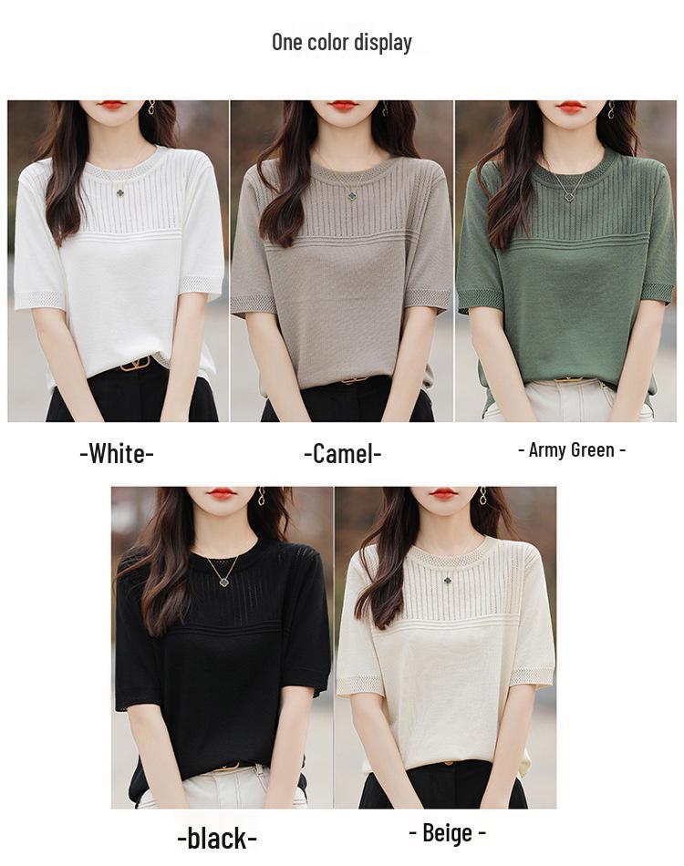 2024 Summer Ice Silk Hollow Knit Top for Middle-Aged Women: Short Sleeve, Solid Color, Half Sleeve Design