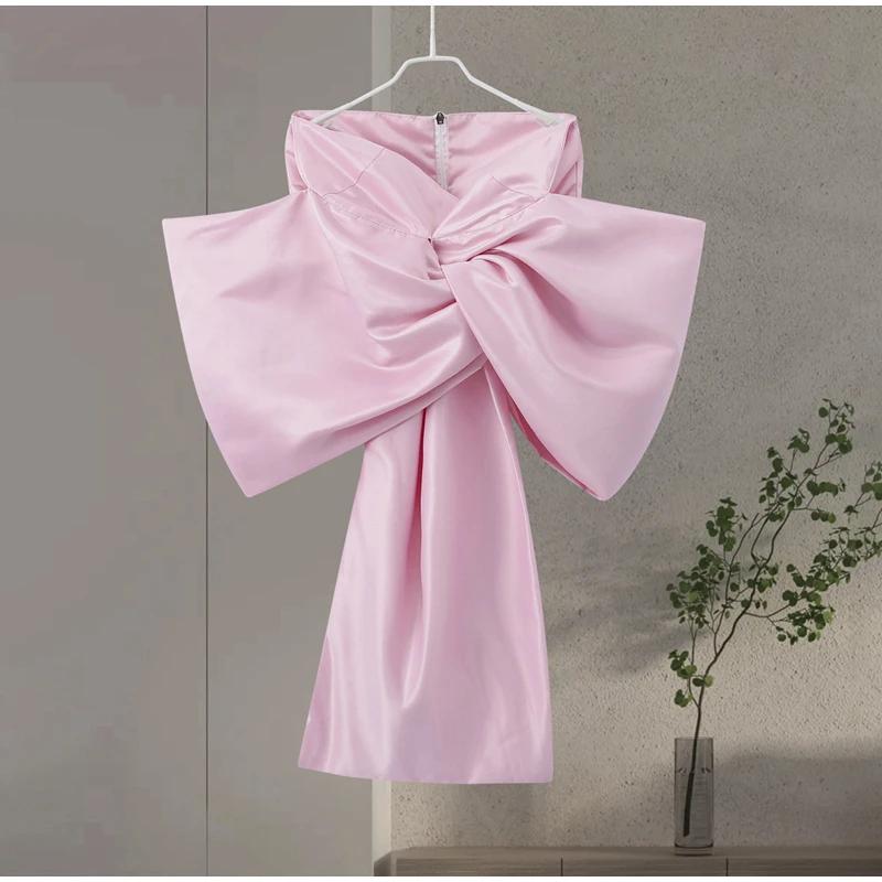 

Элегантный атласный топ, женские сексуальные плиссированные женские клубные рубашки с открытыми плечами и открытой спиной, весна-лето 2024, уличный жилет с бантом на шнуровке L розовый