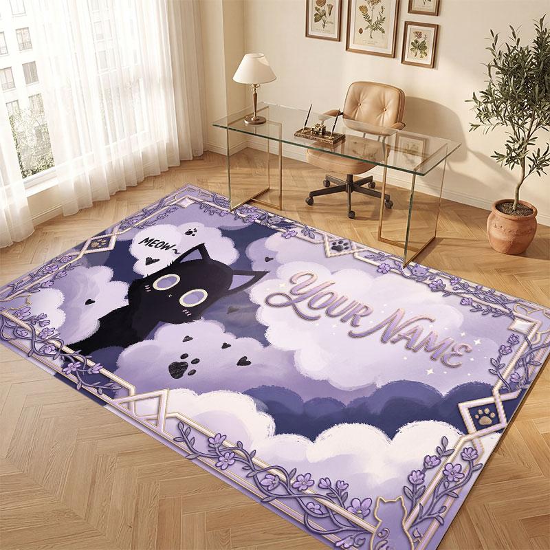 Cat Theme Crystal Velvet Floor Rug Personalized Custom Name Text Warm Carpet Home Decoration