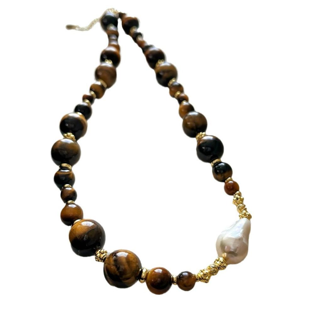 Natural Tiger'S Eye Stone Necklace Maillard Premium Sweater Chain Natural Baroque Pearl Vintage Beaded Coffee Lock