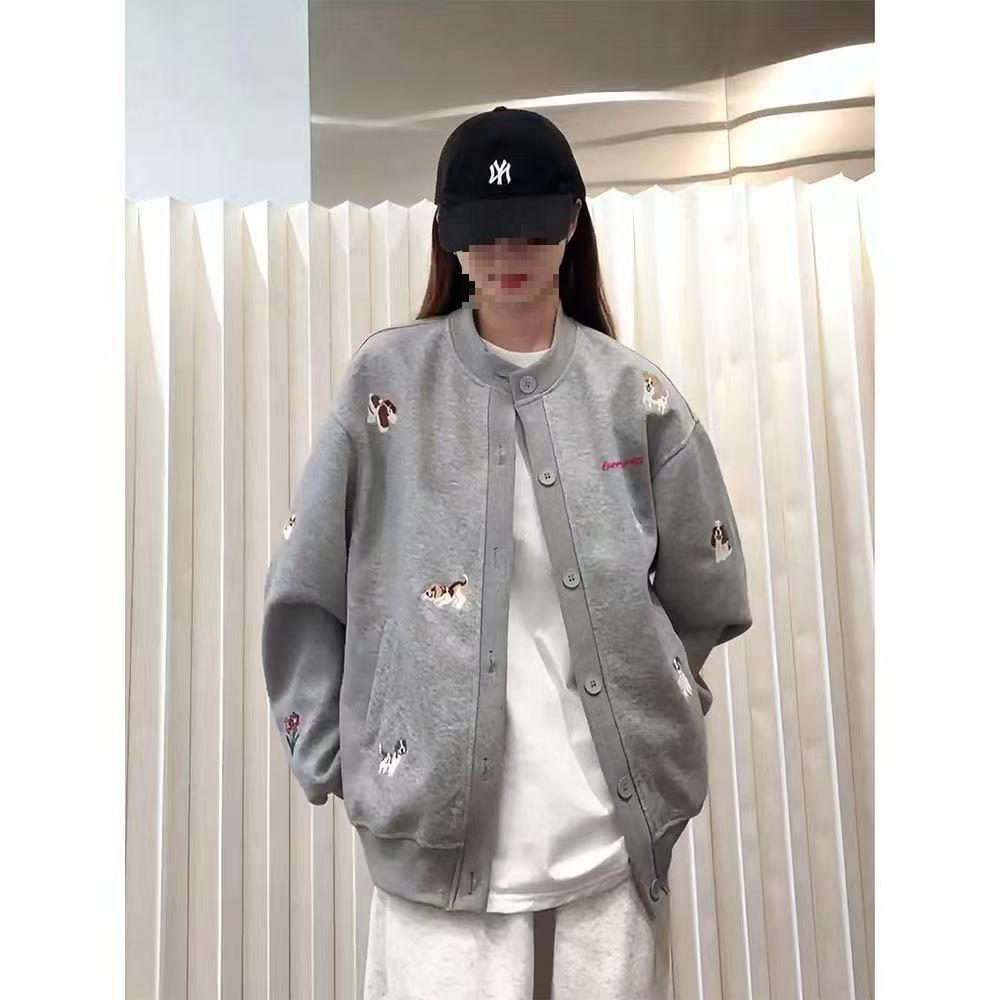 Cartoon Puppy Embroidered Stand Collar Unisex Cardigan Jacket - Autumn/Winter Style