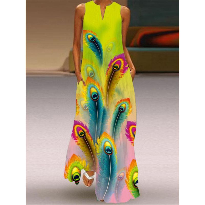 V-neck Dress Women's Fashion 3D Fashion Peacock Feather Print Loose Plus Size and Floor Skirt 2023 Sexy Beach Dress