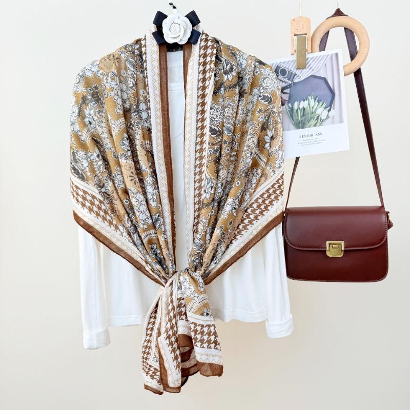 Retro Niche Daily Outer Long Towel Women's Atmosphere Floral Printing Temperament Cotton and Linen Scarf