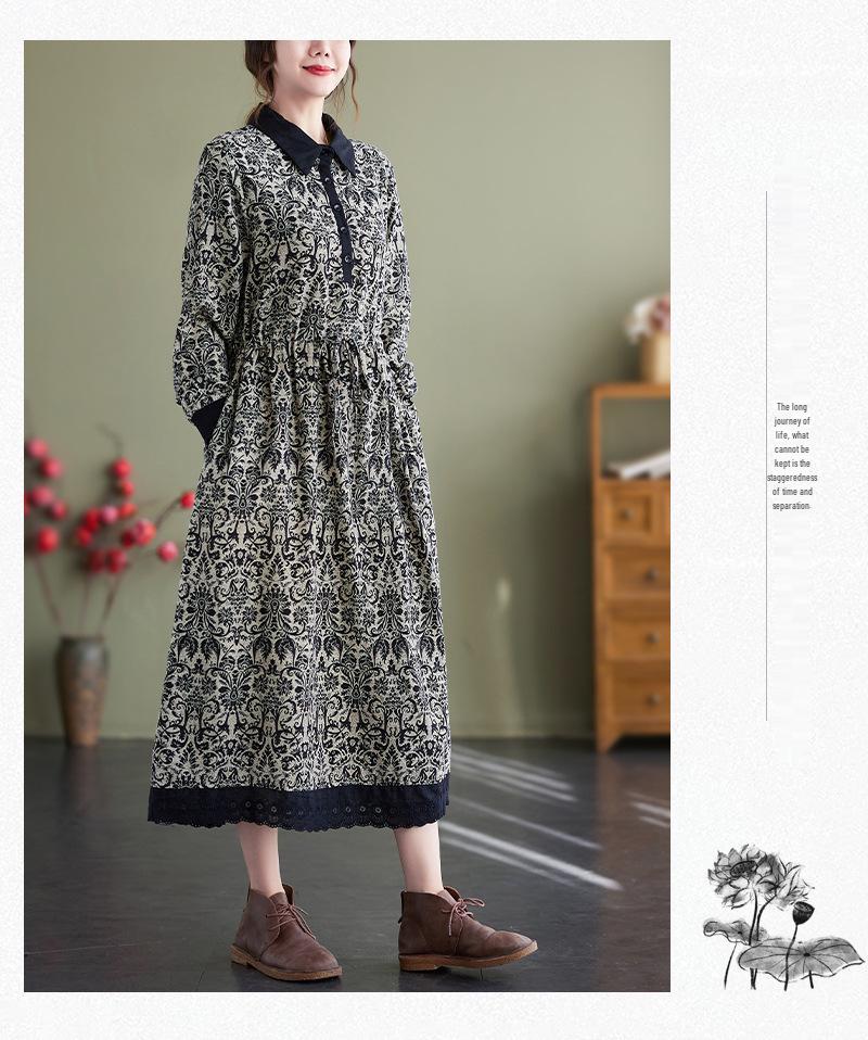 Autumn Literary Print Dress: Long-Sleeved, Cotton-Linen, Loose Fit, Extended Style with Shirt Collar