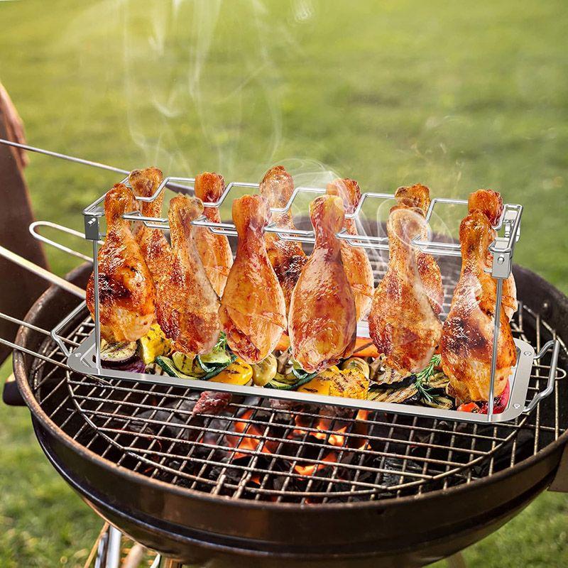 Stainless Steel Collapsible Barbecue Roaster Stand Tray Chicken Wing Leg Rack Grill with BBQ Pan Camping Barbecue Accessories