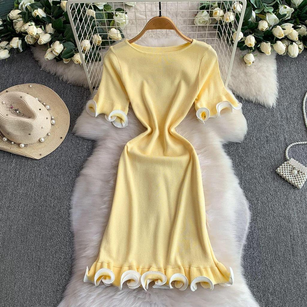 2026 Summer European French Slim Knit Dress – Short Sleeve Round Neck, Hip Wrap Skirt for Women
