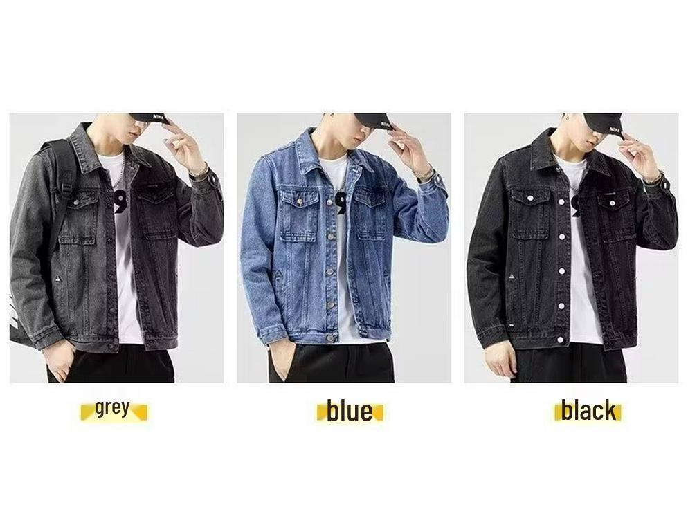 Men's Smoke Grey Denim Jacket: Trendy Lapel Workwear for Spring and Autumn – Casual, Handsome, Plus Size.