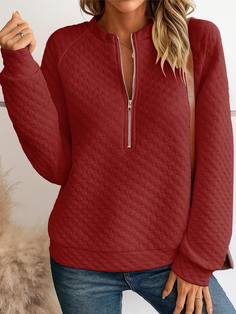 Codzienny Mały Stójka na Zamek Damska Pikowana Siatka Diamentowa Długi Rękaw Pulower Bluza Wygodna Ciepła Codzienny Styl na Zimę