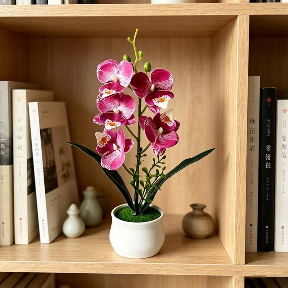 Pink Simulated Flower Butterfly Orchid Potted 5 Heads Artificial Faux Plants Home Decor
