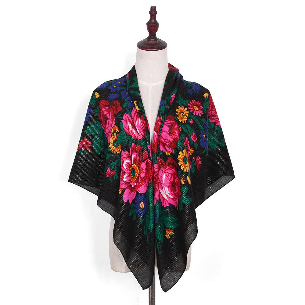 110*110Cm Golden Silvery Wire Russian Square Scarf Women Luxury Floral Print Handkerchief Ethnic Shawl Babushka Bandana Scarves