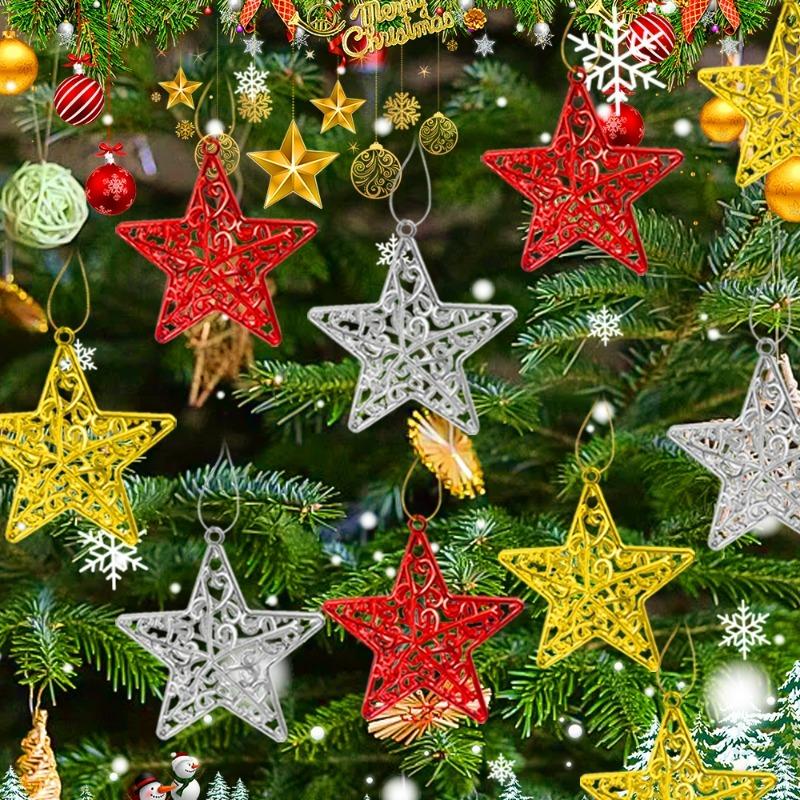 4/20PCS Five-pointed Star Pendant Gold Silver Red Hollowed Out Christmas Tree Hanging Ornaments New Year Party Decoration Supply