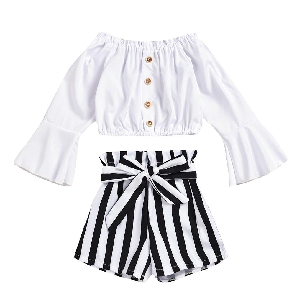 Småbarn Barn Baby Flickor Ruffle Off Shoulder T-shirt Toppar Randiga Shorts Outfits