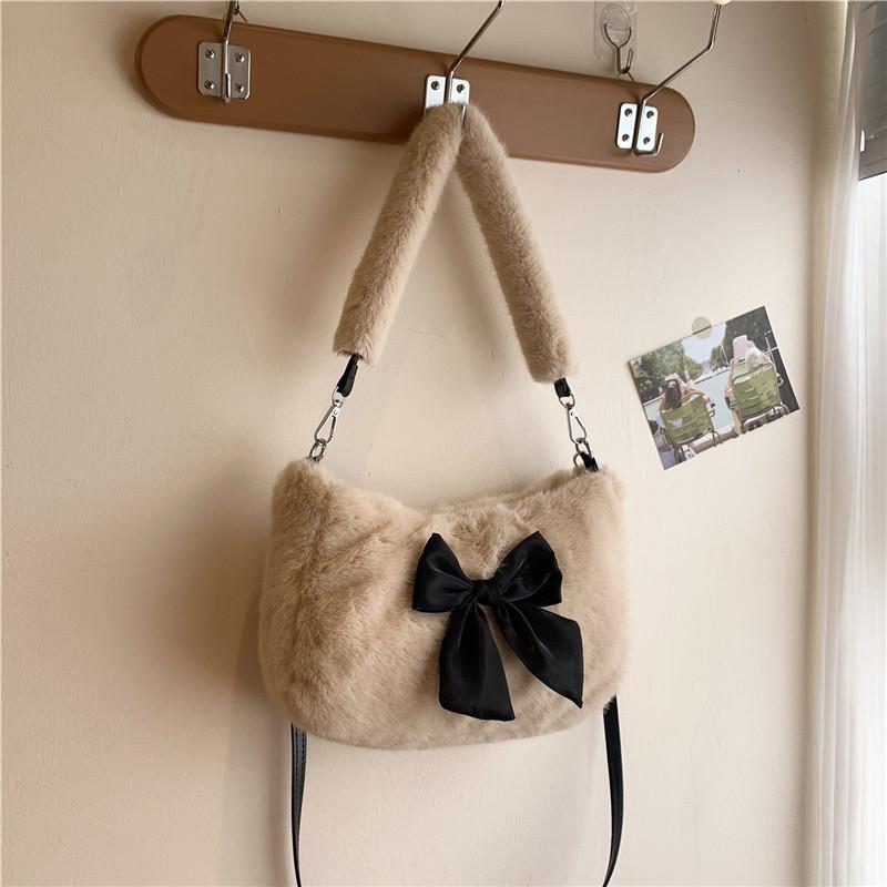 Handheld fluffy women's bag, new autumn and winter plush bag, cute bow small square bag, shoulder messenger bag.