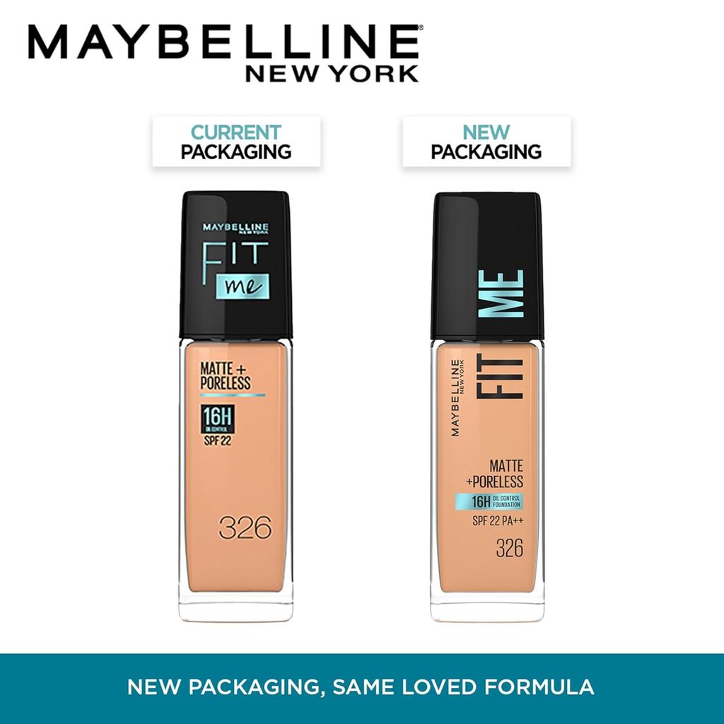 Maybelline New York Fit Me Matte + Poreless Liquid Foundation 326, 30 Ml Pack Of 1 Full Coverage Oil Control SPF 22 Warm Tan