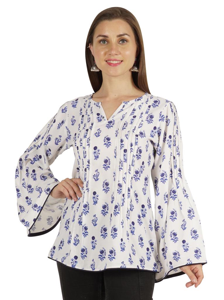 Moomaya Printed Top Full Sleeve Pleated Rayon Kurta Short Tunic Summer Blouse For