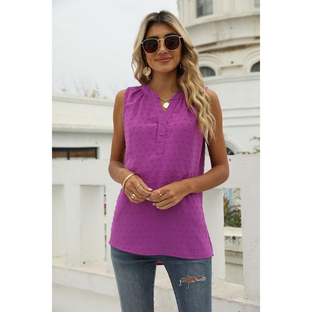 Summer Women's Solid Color Chiffon Loose V-Neck Jacquard Sleeveless Casual Vest Top for Crossborder European American