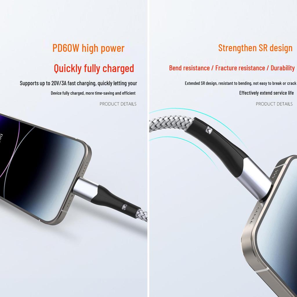 PD60W High-Power Nylon Braided Type-C Charging Cable for Apple Devices and Laptops