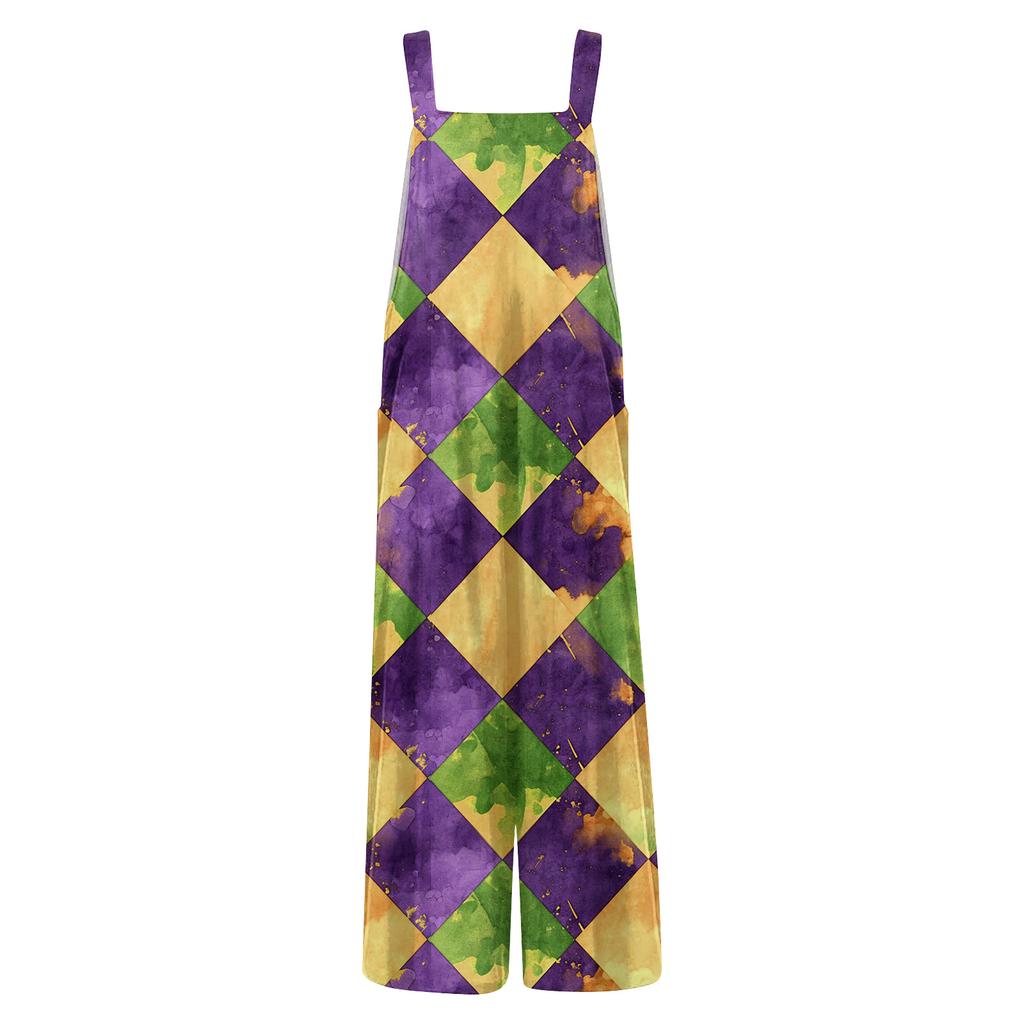 Womens Casual Overalls Jumpsuits Adjustable Straps Sleeveless Carnival Print Comfy Rompers With Pocket