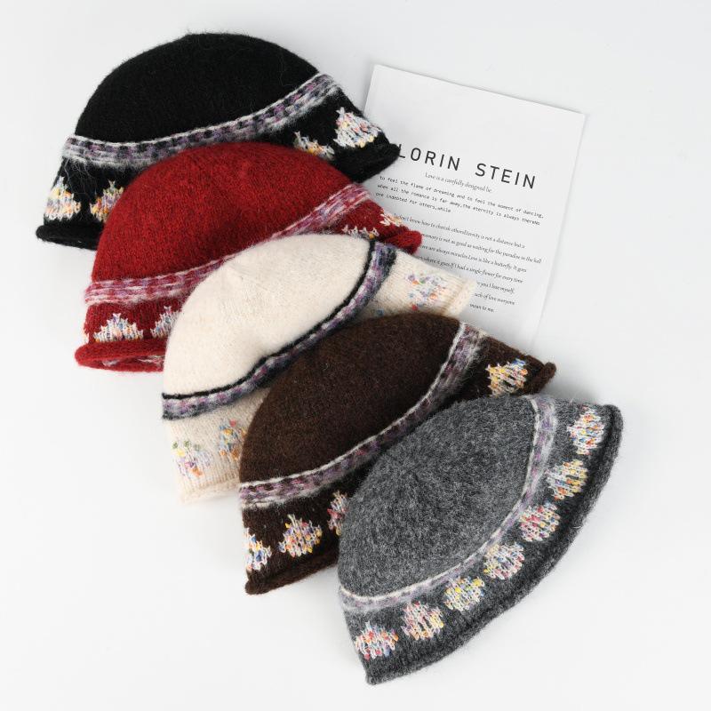 Chapeau Bob Jacquard Pétale Fair Isle 2025 en Laine - Tricot Mince Décontracté pour Femme pour Automne & Hiver