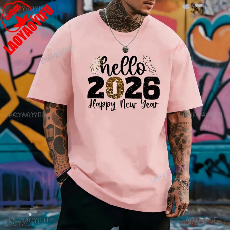 2026 New Year Hello Simple Graphic TShirt Golden Lettering Casual Crew Neck Unisex Tee Fashion Leisure Allmatch Shortsleev