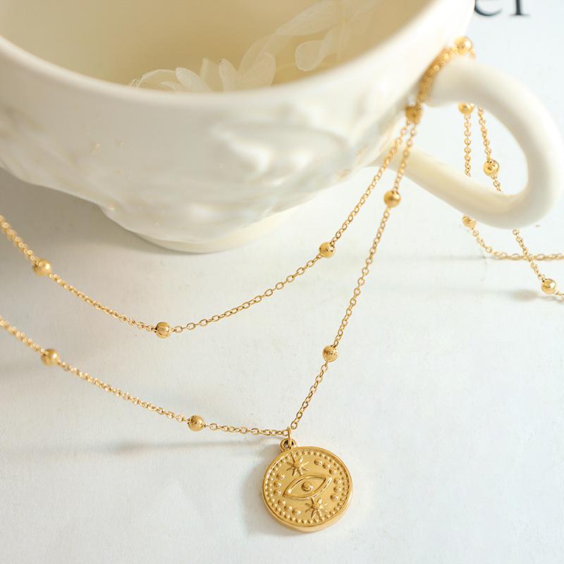 Fashion Simple Design Necklace Stainless Steel Plated 18k Gold Double Round Pendant Necklace