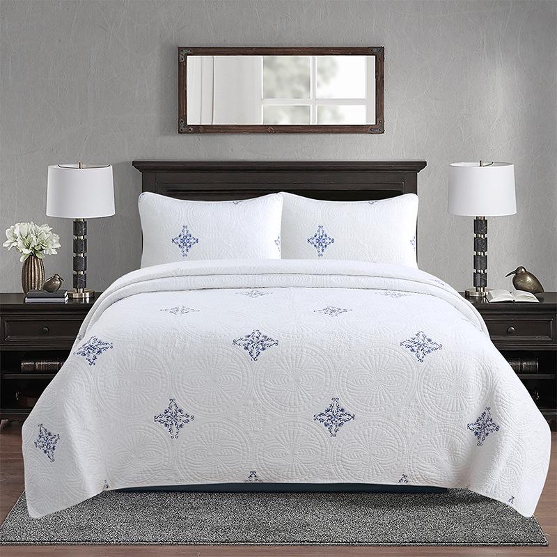 

European Floral Quilted All-Season 100% Cotton Bedspread 230cm x 250cm with two 50cm x 70cm pillowcases