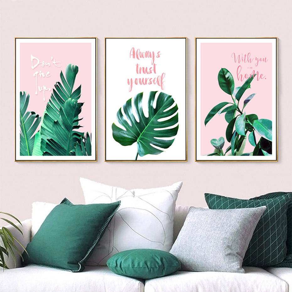 Green Tropical Turtle Leaves Poster Nordic Wall Art Prints Pictures Canvas Paintings for Pink Background Living Room Home Decor