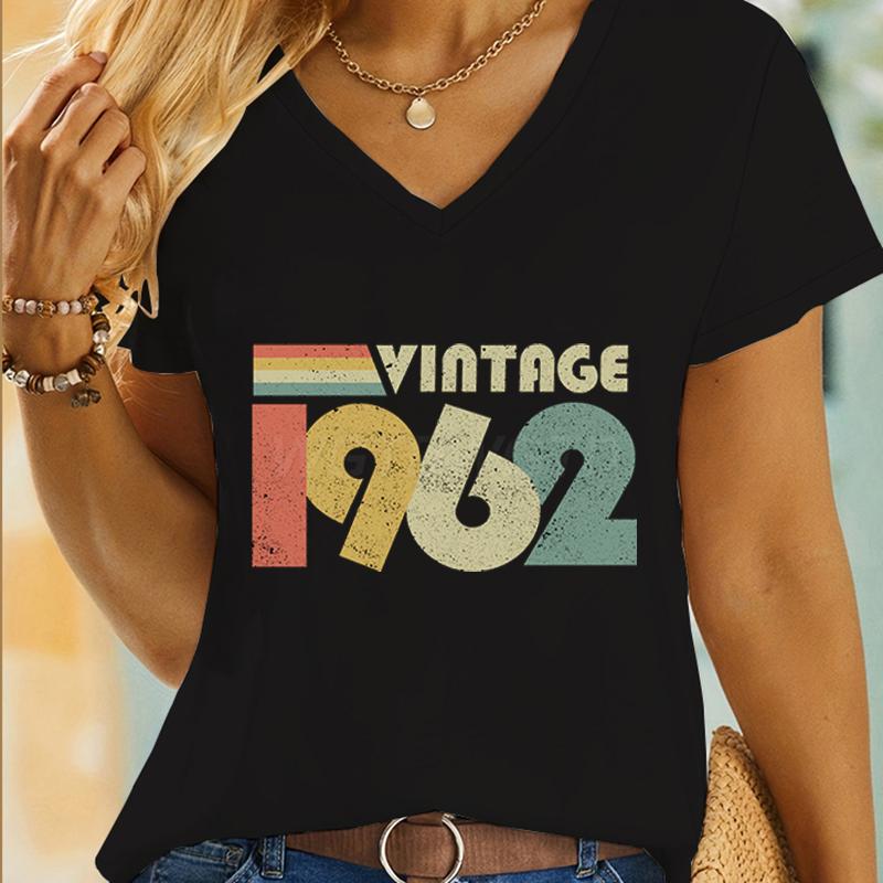 Women 60th Birthday Essential Classic Tops Vintage 1960 To 1969 Graphic T Shirts Short Sleeve Vneck 60 Years Old TShirt Tops