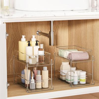 1/2 Piezas Organizadores de Baño de 2 Niveles Bajo Fregadero Contenedores Multiusos Transparentes Apilables Caja de Almacenamiento con Bandeja Extraíble