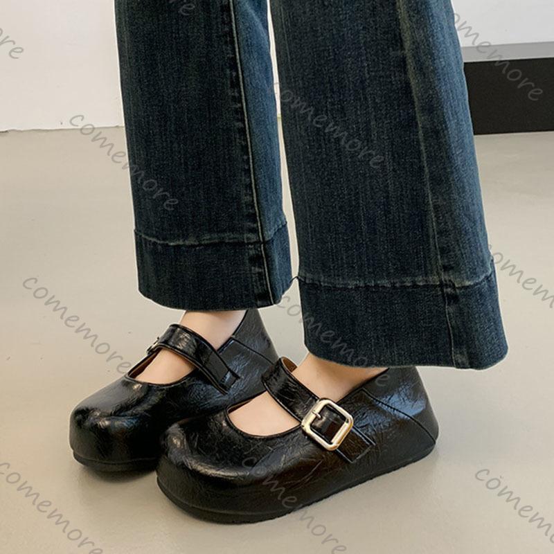Fashion Comemore Flat Single Shoes Women Spring Autumn New Belt Buckle Round Toe Mary Janes Shoes Soft Leather Solid Platform Loafers