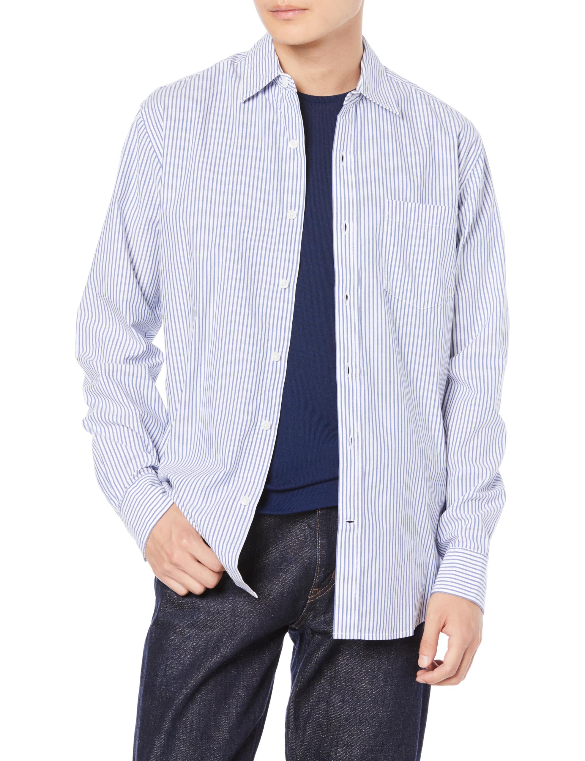 

Amazon Essentials Men s Regular Fit Casual Long Sleeve Poplin Shirt, Blue and White, Vertical Stripes, Size L