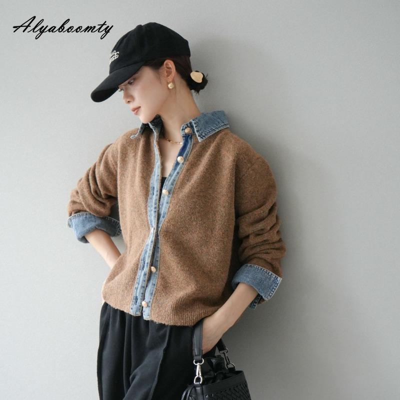 Korean Fashion Spring Autumn Women Jacket Turn-Down Collar Contrast Color Denim Knitting Patchwork Coat Office Lady Casual Loose Stylish Jacket
