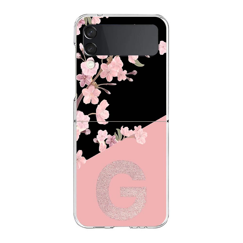 Pink Letter Flower Phone Case For Samsung Galaxy Z Flip 3 4 5 Hard Folding Clear PC Bumper For Samsung Z Flip3 Transparent Cover